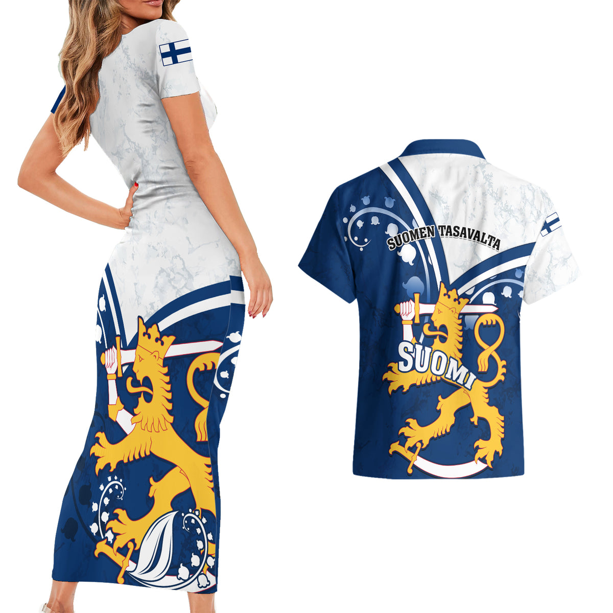Finland Couples Matching Short Sleeve Bodycon Dress and Hawaiian Shirt Suomi Lion With Lily of the Valley - Wonder Print Shop