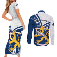 Finland Couples Matching Short Sleeve Bodycon Dress and Long Sleeve Button Shirts Suomi Lion With Lily of the Valley - Wonder Print Shop