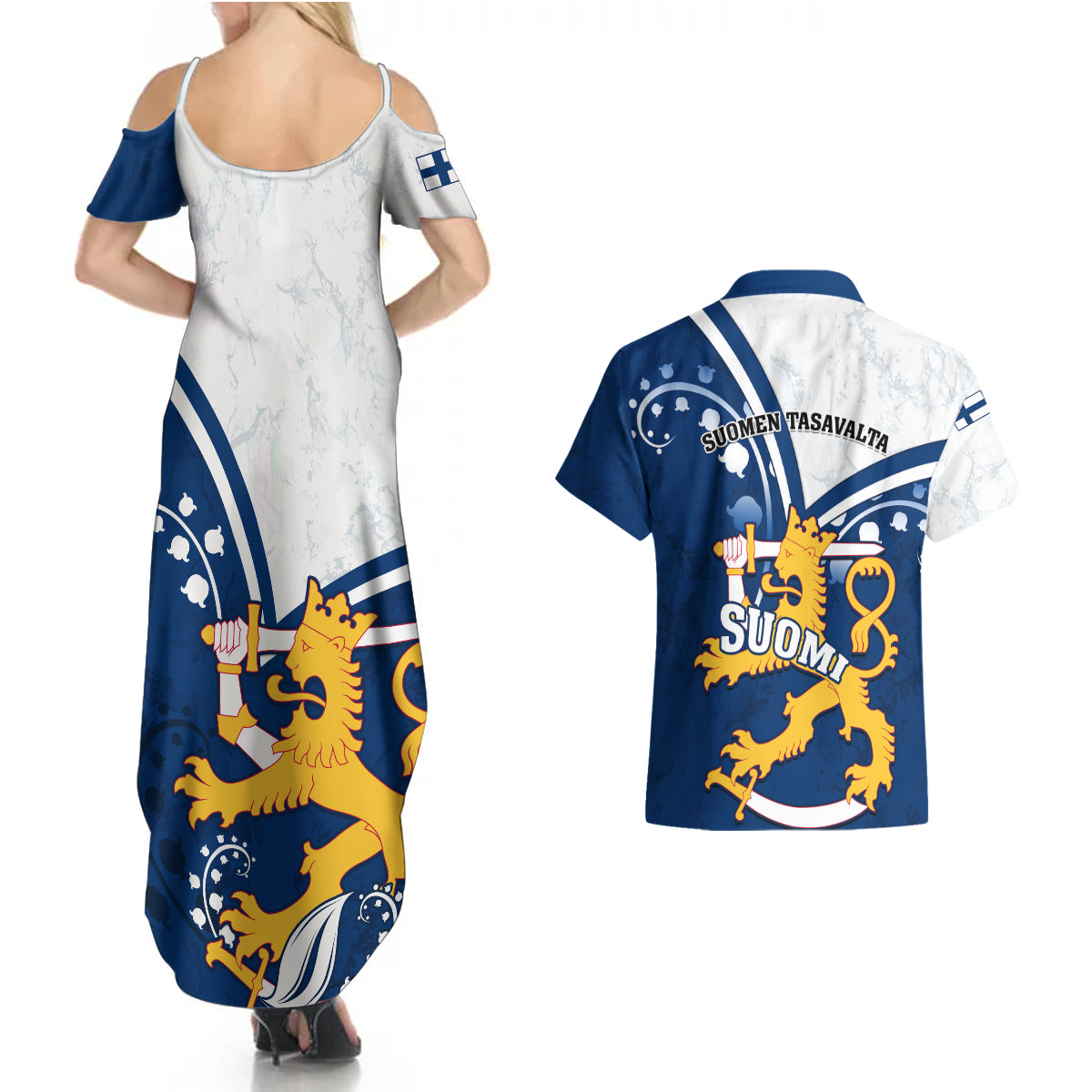 Finland Couples Matching Summer Maxi Dress and Hawaiian Shirt Suomi Lion With Lily of the Valley - Wonder Print Shop