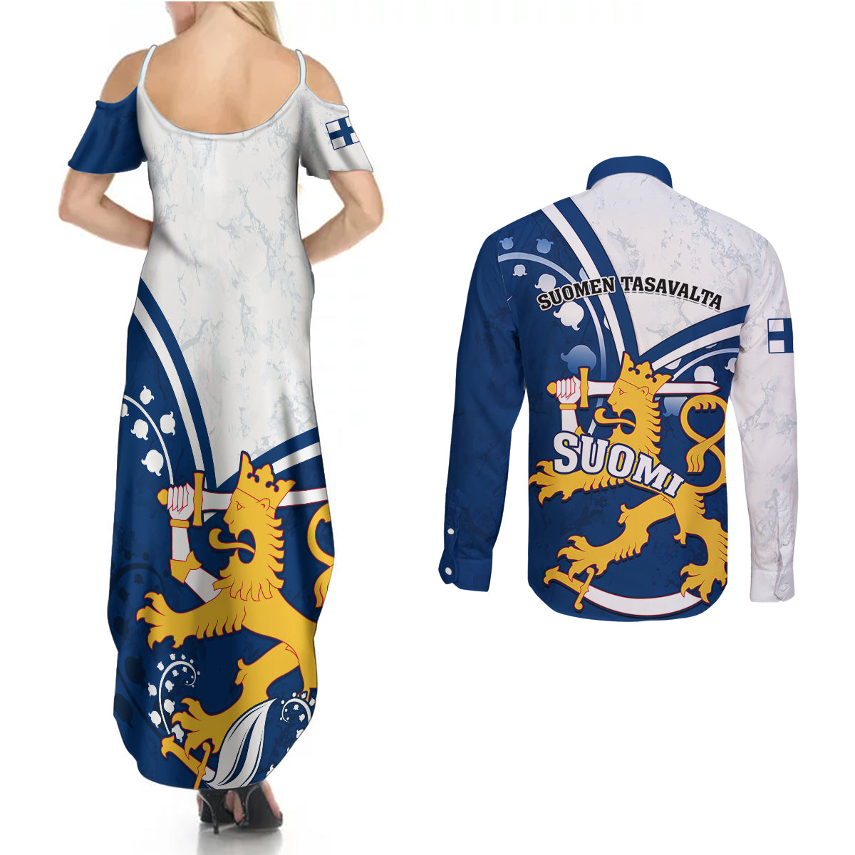 Finland Couples Matching Summer Maxi Dress and Long Sleeve Button Shirts Suomi Lion With Lily of the Valley - Wonder Print Shop