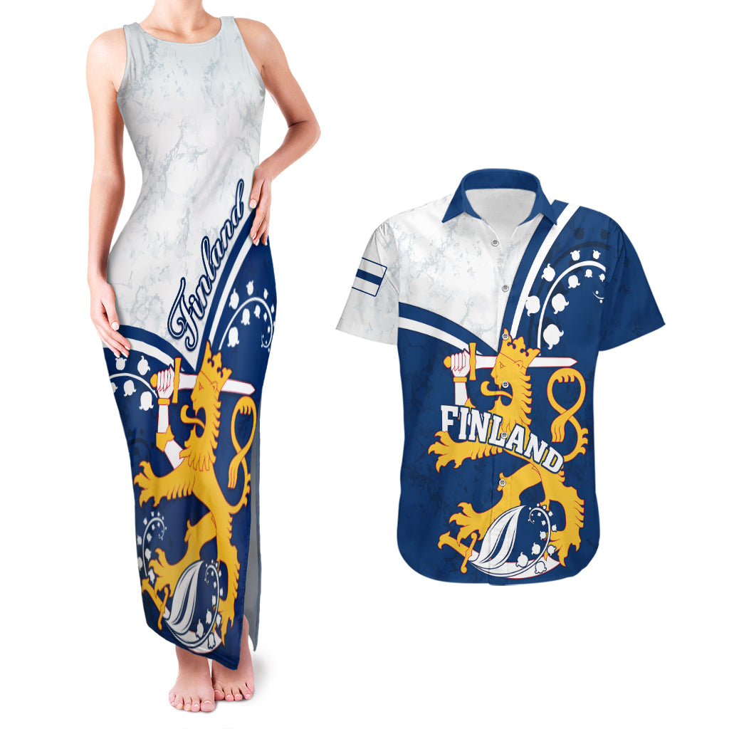 Finland Couples Matching Tank Maxi Dress and Hawaiian Shirt Suomi Lion With Lily of the Valley - Wonder Print Shop