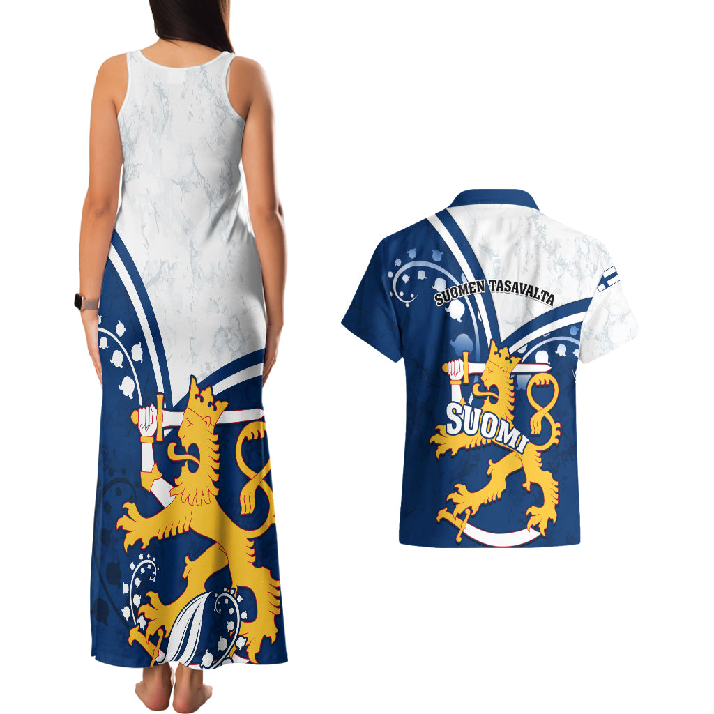 Finland Couples Matching Tank Maxi Dress and Hawaiian Shirt Suomi Lion With Lily of the Valley - Wonder Print Shop