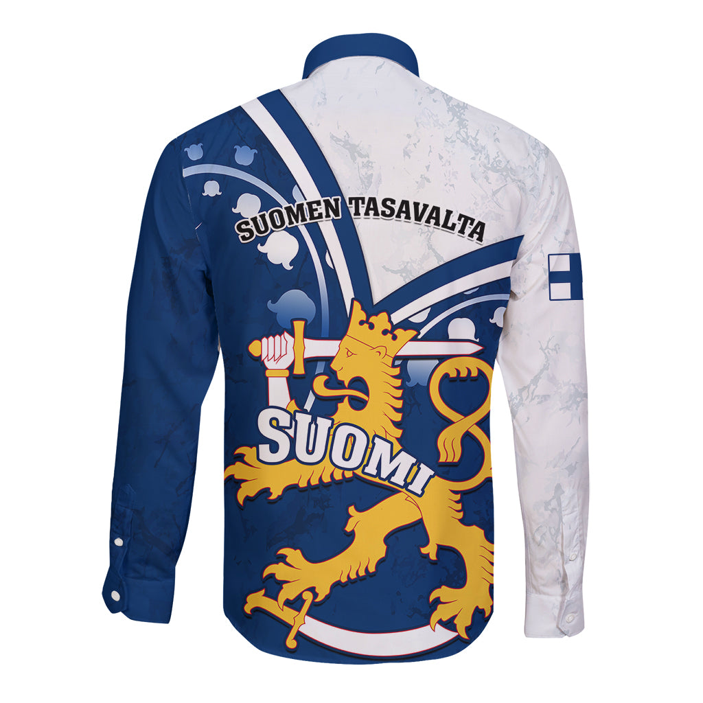 Finland Long Sleeve Button Shirt Suomi Lion With Lily of the Valley - Wonder Print Shop