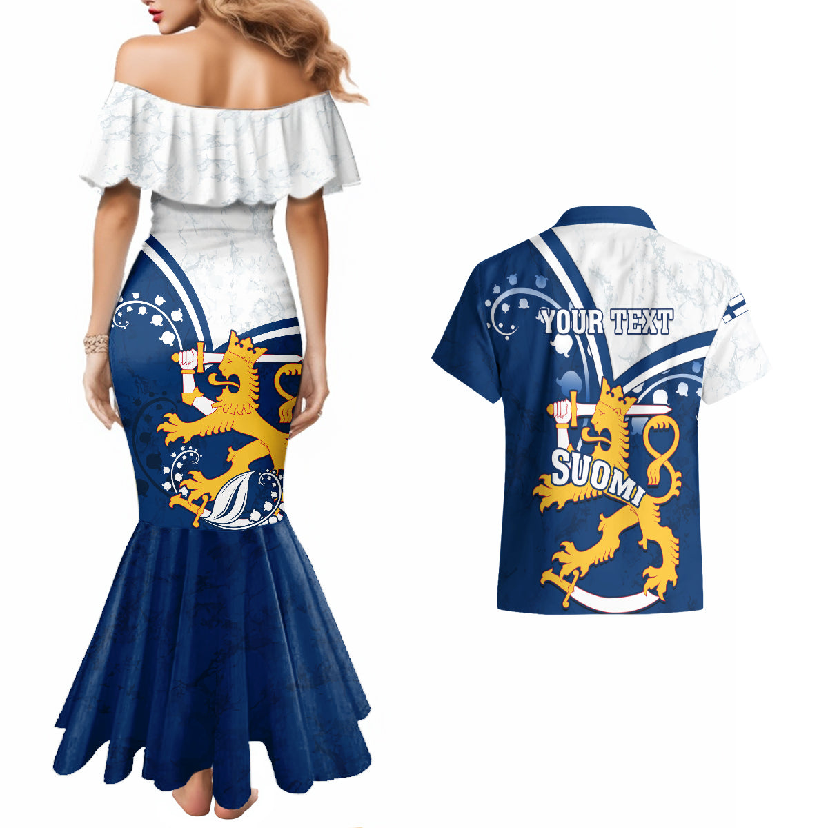 Personalised Finland Couples Matching Mermaid Dress and Hawaiian Shirt Suomi Lion With Lily of the Valley - Wonder Print Shop