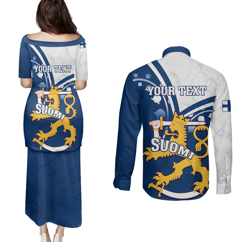 Personalised Finland Couples Matching Puletasi Dress and Long Sleeve Button Shirts Suomi Lion With Lily of the Valley - Wonder Print Shop