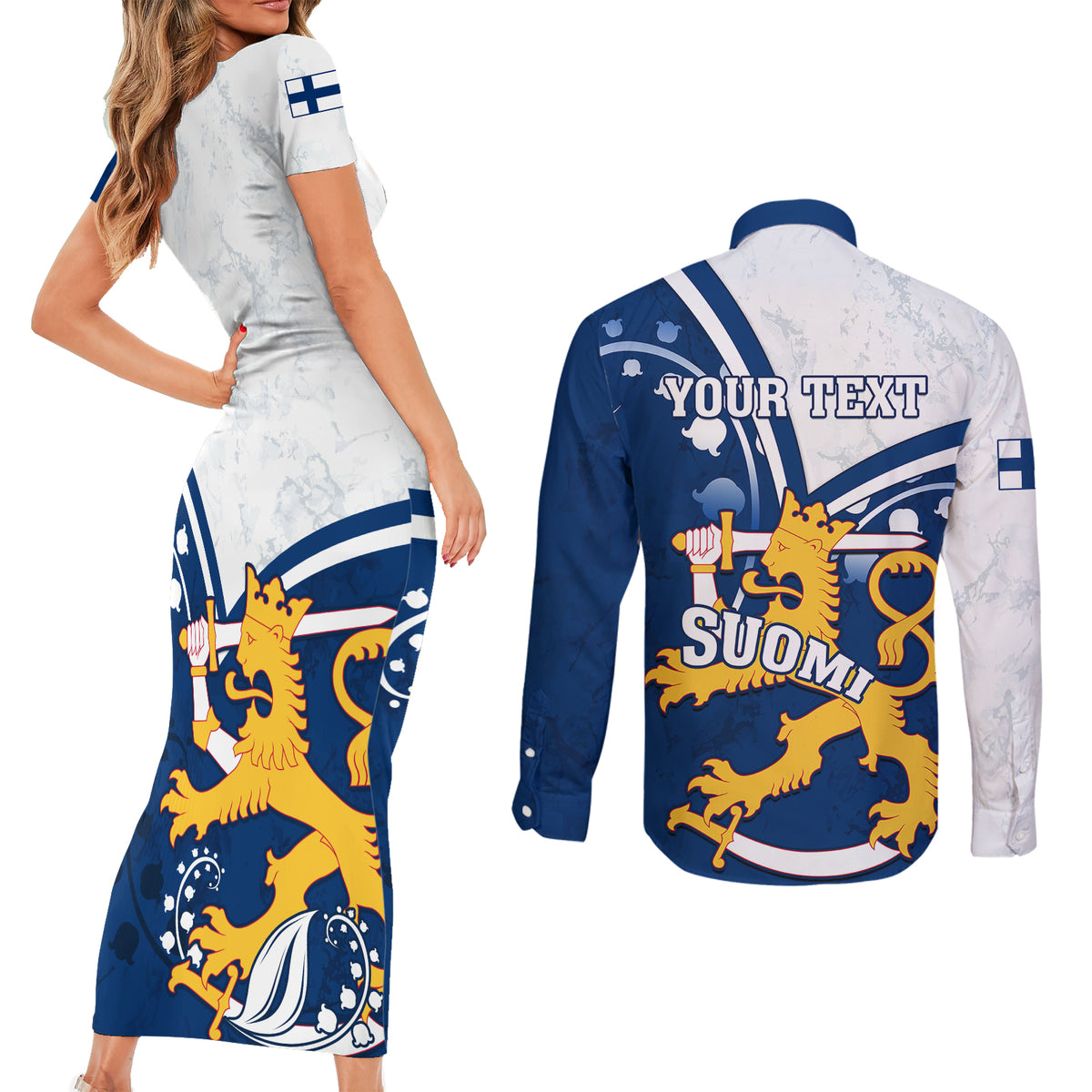 Personalised Finland Couples Matching Short Sleeve Bodycon Dress and Long Sleeve Button Shirts Suomi Lion With Lily of the Valley - Wonder Print Shop