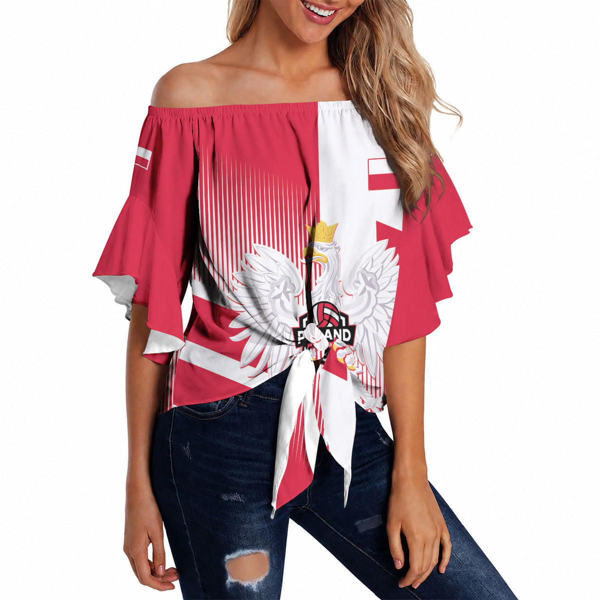 Custom Volleyball 2026 Poland 3rd Champions Off Shoulder Wrap Waist Top