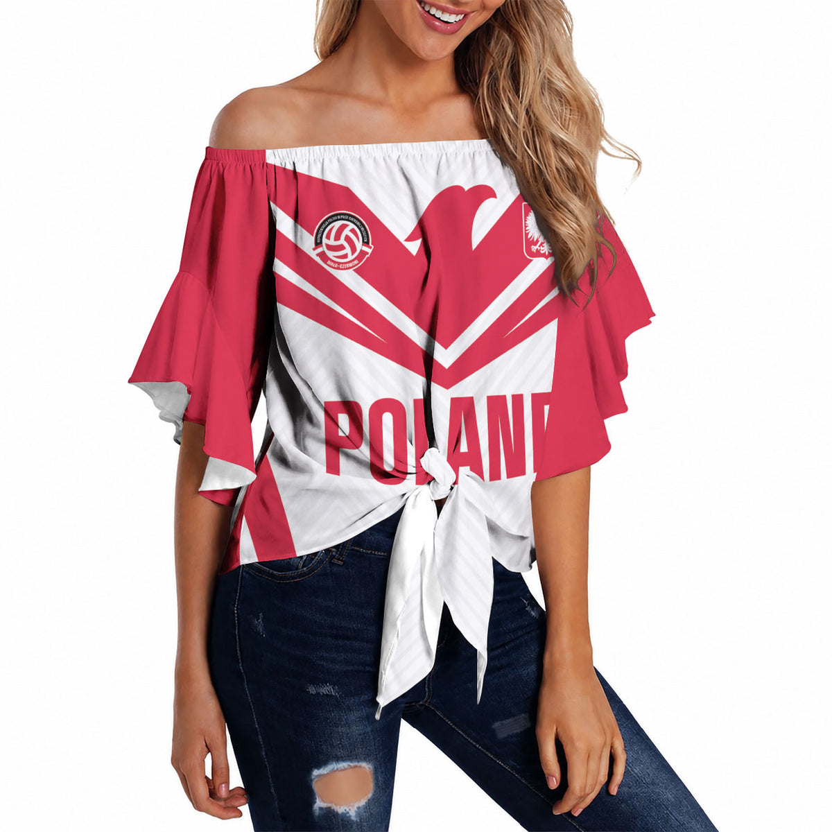 Custom Poland 2026 Volleyball Off Shoulder Wrap Waist Top Polish Eagle Champions