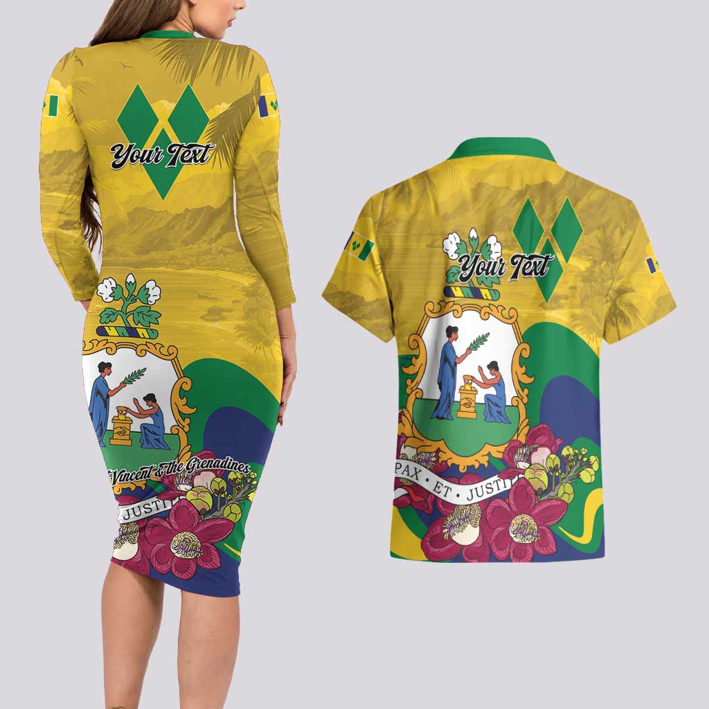 Personalized Saint Vincent and the Grenadines Couples Matching Long Sleeve Bodycon Dress and Hawaiian Shirt Cannonball Flower Tropical Style - Wonder Print Shop