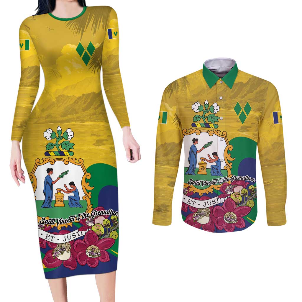 Personalized Saint Vincent and the Grenadines Couples Matching Long Sleeve Bodycon Dress and Long Sleeve Button Shirt Cannonball Flower Tropical Style - Wonder Print Shop