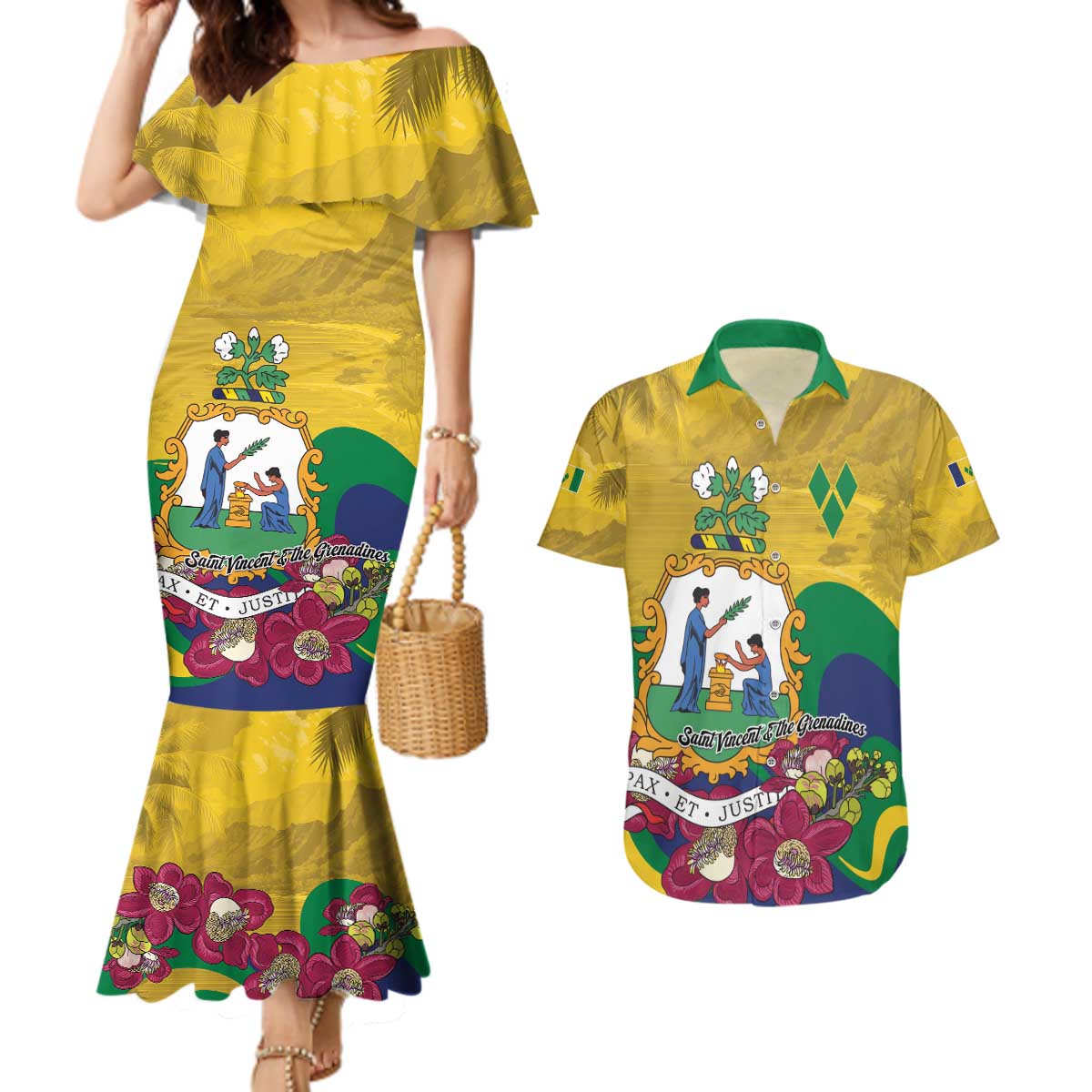 Personalized Saint Vincent and the Grenadines Couples Matching Mermaid Dress and Hawaiian Shirt Cannonball Flower Tropical Style - Wonder Print Shop