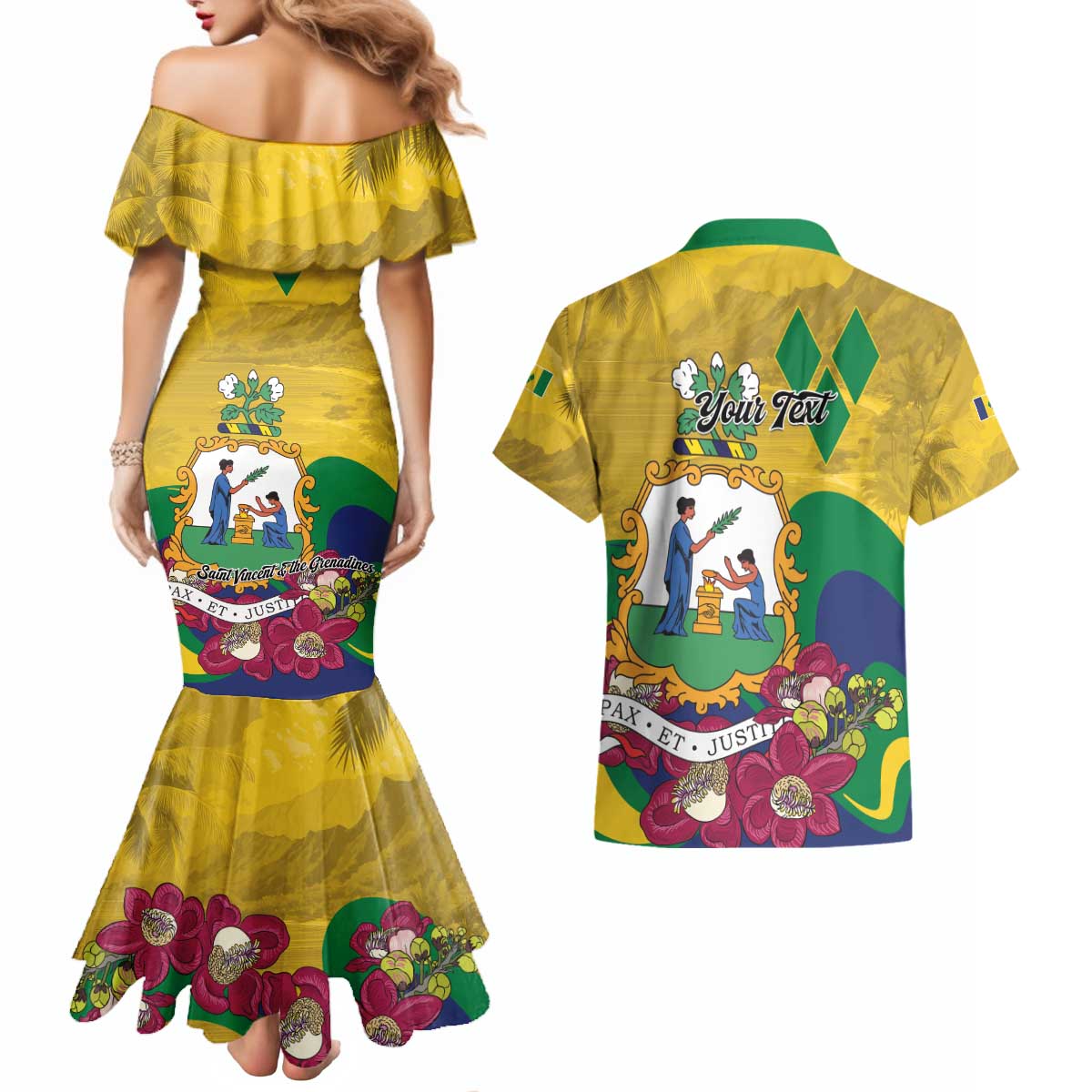 Personalized Saint Vincent and the Grenadines Couples Matching Mermaid Dress and Hawaiian Shirt Cannonball Flower Tropical Style - Wonder Print Shop