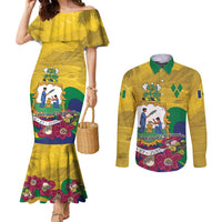 Personalized Saint Vincent and the Grenadines Couples Matching Mermaid Dress and Long Sleeve Button Shirt Cannonball Flower Tropical Style - Wonder Print Shop