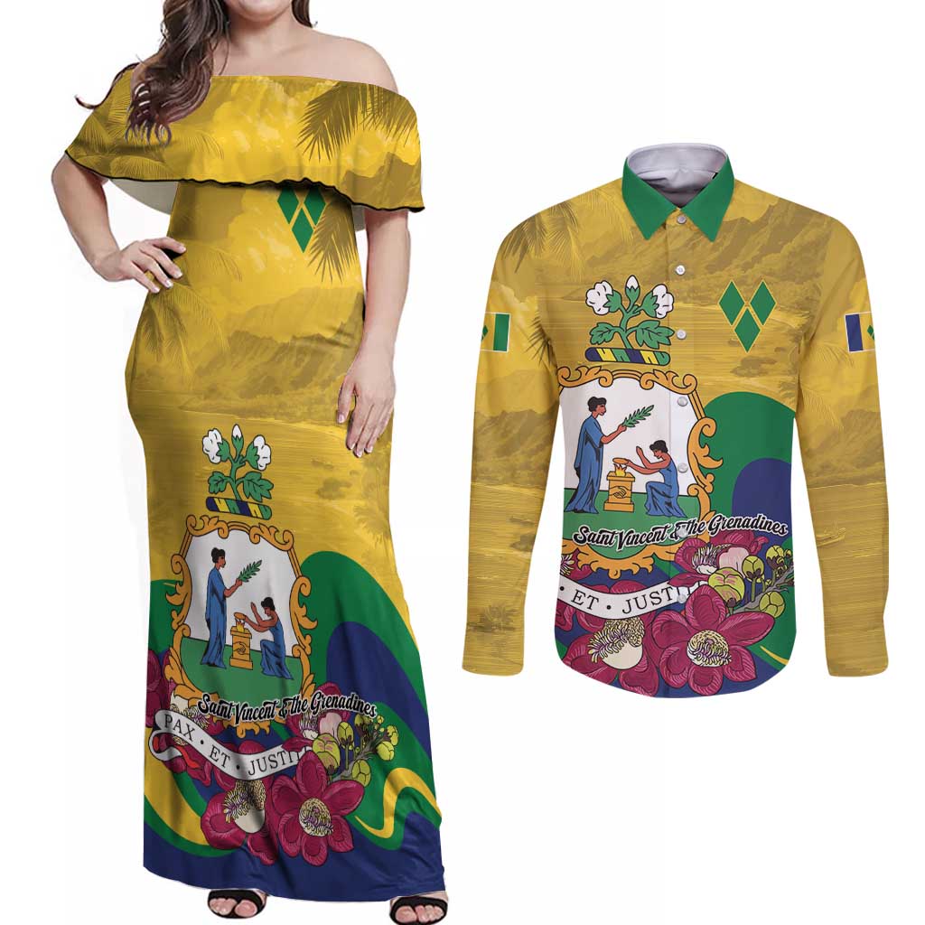 Personalized Saint Vincent and the Grenadines Couples Matching Off Shoulder Maxi Dress and Long Sleeve Button Shirt Cannonball Flower Tropical Style - Wonder Print Shop