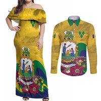 Personalized Saint Vincent and the Grenadines Couples Matching Off Shoulder Maxi Dress and Long Sleeve Button Shirt Cannonball Flower Tropical Style - Wonder Print Shop