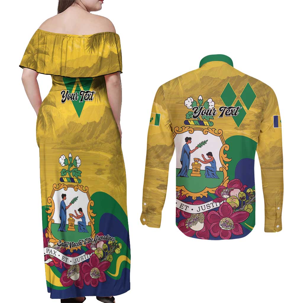 Personalized Saint Vincent and the Grenadines Couples Matching Off Shoulder Maxi Dress and Long Sleeve Button Shirt Cannonball Flower Tropical Style - Wonder Print Shop