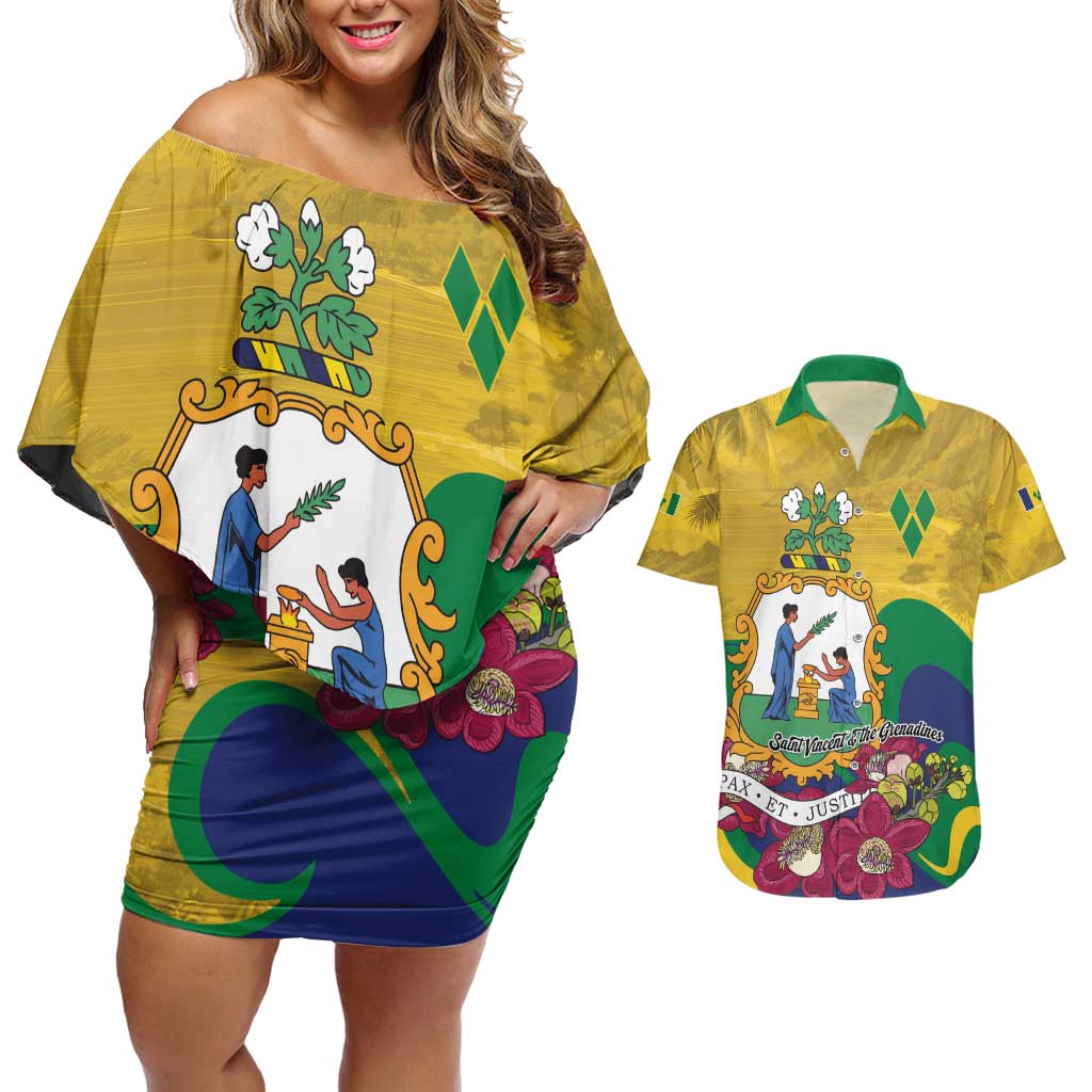Personalized Saint Vincent and the Grenadines Couples Matching Off Shoulder Short Dress and Hawaiian Shirt Cannonball Flower Tropical Style - Wonder Print Shop