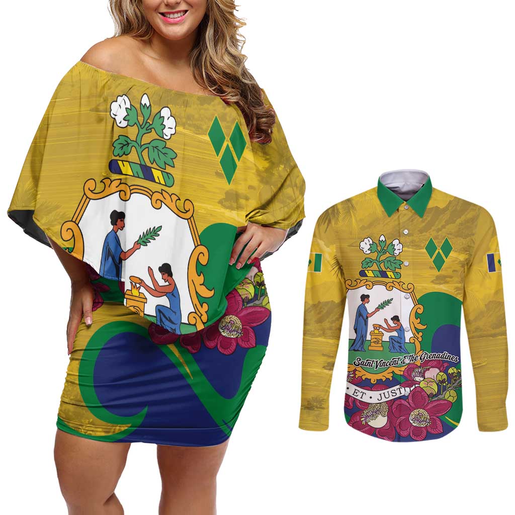 Personalized Saint Vincent and the Grenadines Couples Matching Off Shoulder Short Dress and Long Sleeve Button Shirt Cannonball Flower Tropical Style - Wonder Print Shop