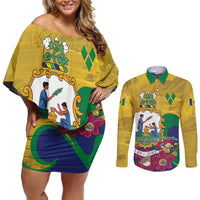 Personalized Saint Vincent and the Grenadines Couples Matching Off Shoulder Short Dress and Long Sleeve Button Shirt Cannonball Flower Tropical Style - Wonder Print Shop