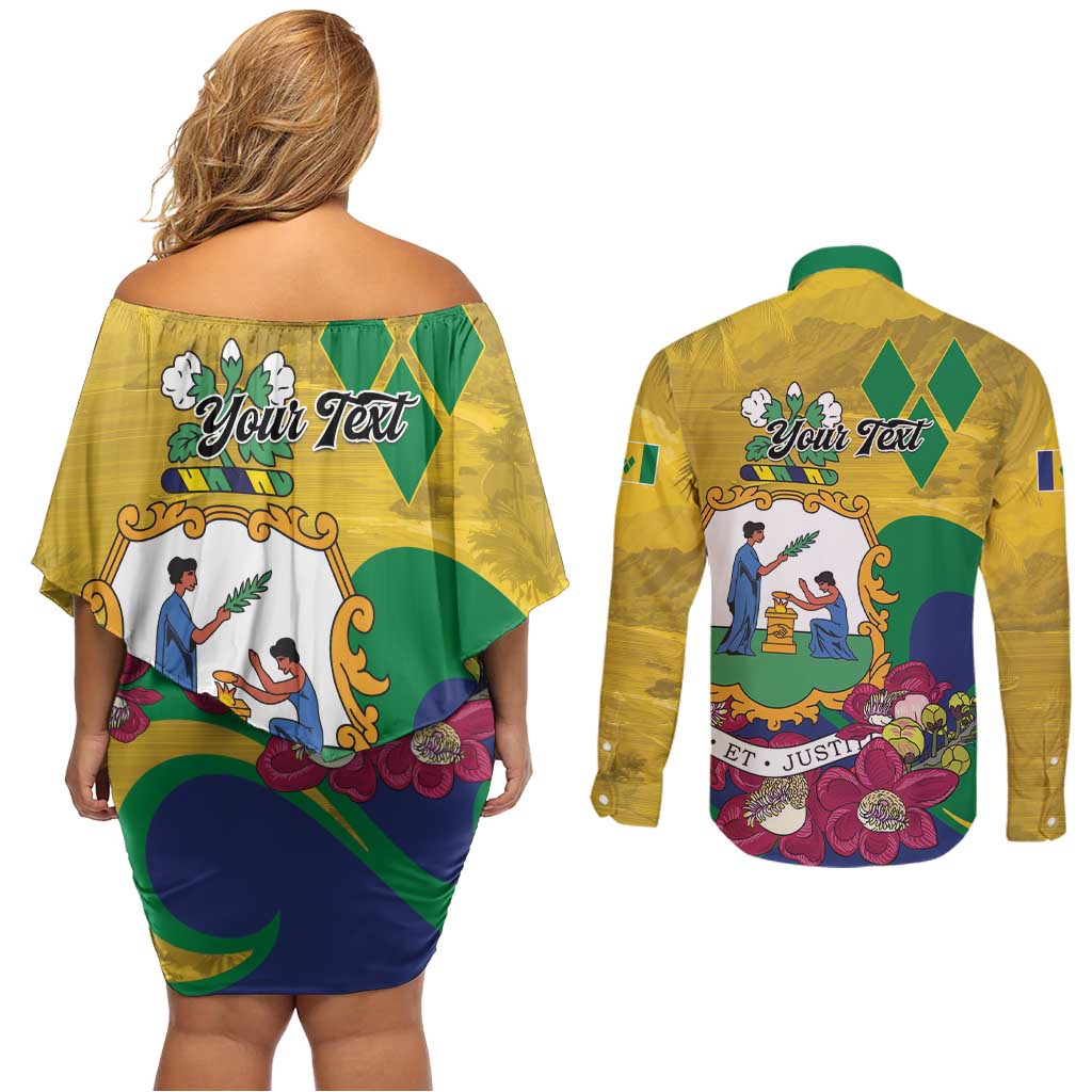 Personalized Saint Vincent and the Grenadines Couples Matching Off Shoulder Short Dress and Long Sleeve Button Shirt Cannonball Flower Tropical Style - Wonder Print Shop