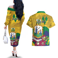 Personalized Saint Vincent and the Grenadines Couples Matching Off The Shoulder Long Sleeve Dress and Hawaiian Shirt Cannonball Flower Tropical Style - Wonder Print Shop