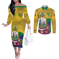 Personalized Saint Vincent and the Grenadines Couples Matching Off The Shoulder Long Sleeve Dress and Long Sleeve Button Shirt Cannonball Flower Tropical Style - Wonder Print Shop