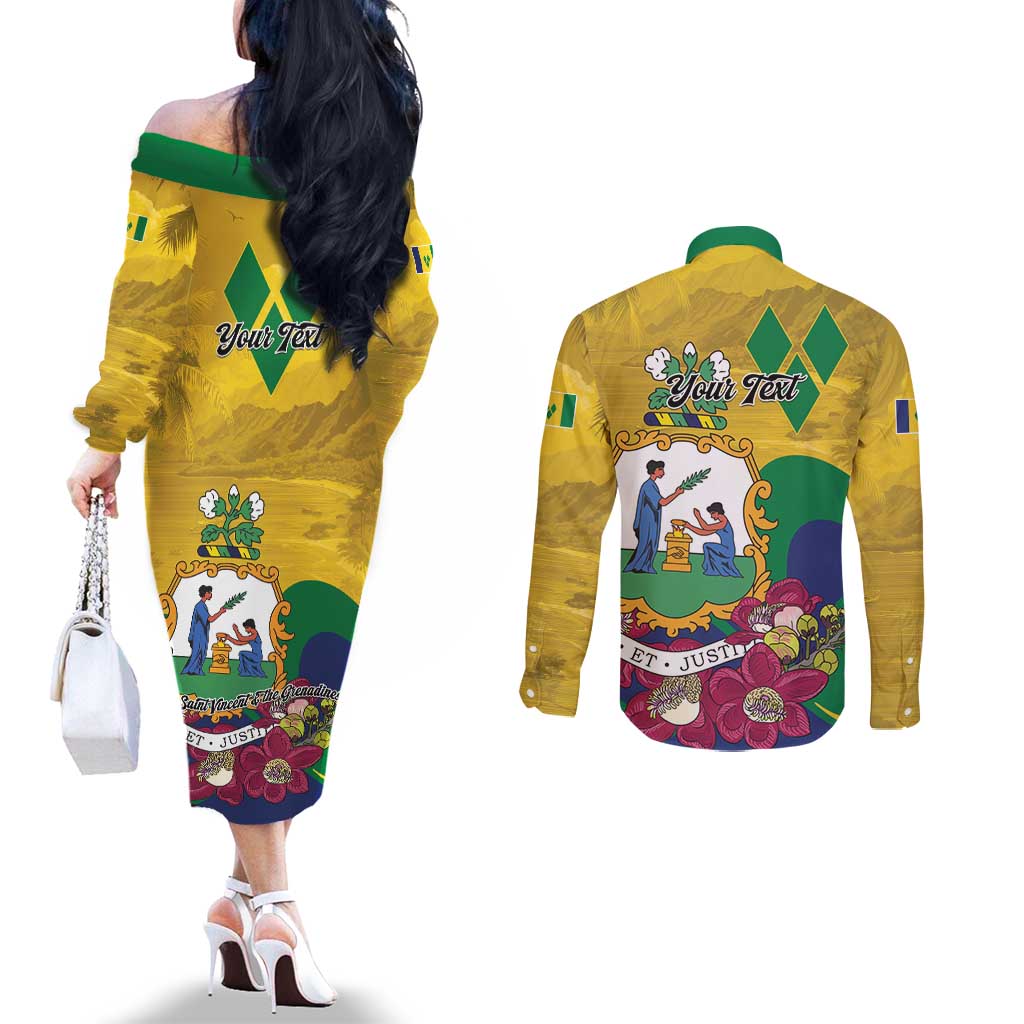 Personalized Saint Vincent and the Grenadines Couples Matching Off The Shoulder Long Sleeve Dress and Long Sleeve Button Shirt Cannonball Flower Tropical Style - Wonder Print Shop
