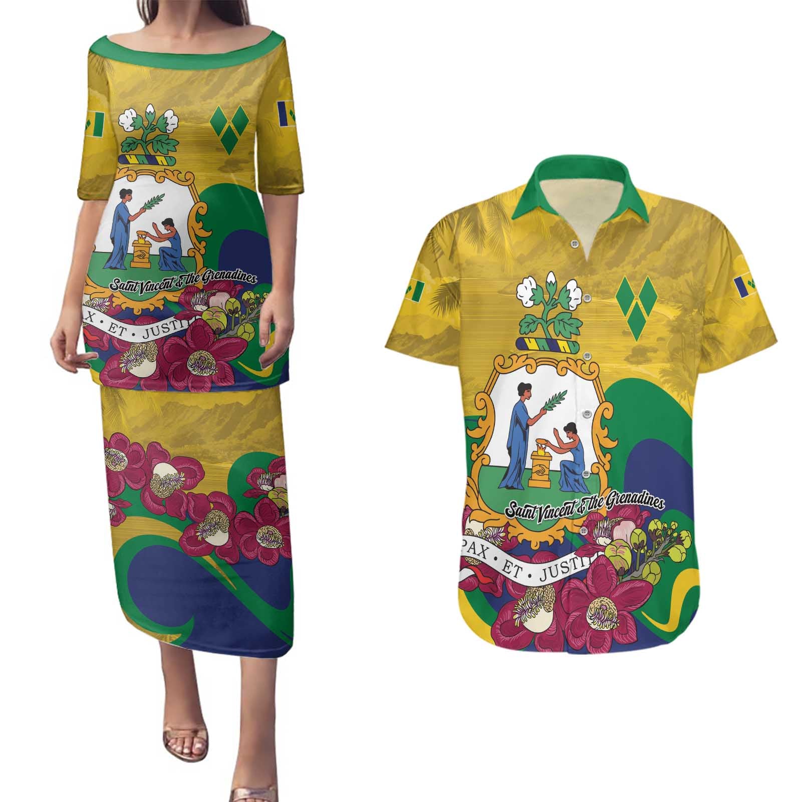 Personalized Saint Vincent and the Grenadines Couples Matching Puletasi and Hawaiian Shirt Cannonball Flower Tropical Style - Wonder Print Shop