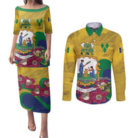Personalized Saint Vincent and the Grenadines Couples Matching Puletasi and Long Sleeve Button Shirt Cannonball Flower Tropical Style - Wonder Print Shop