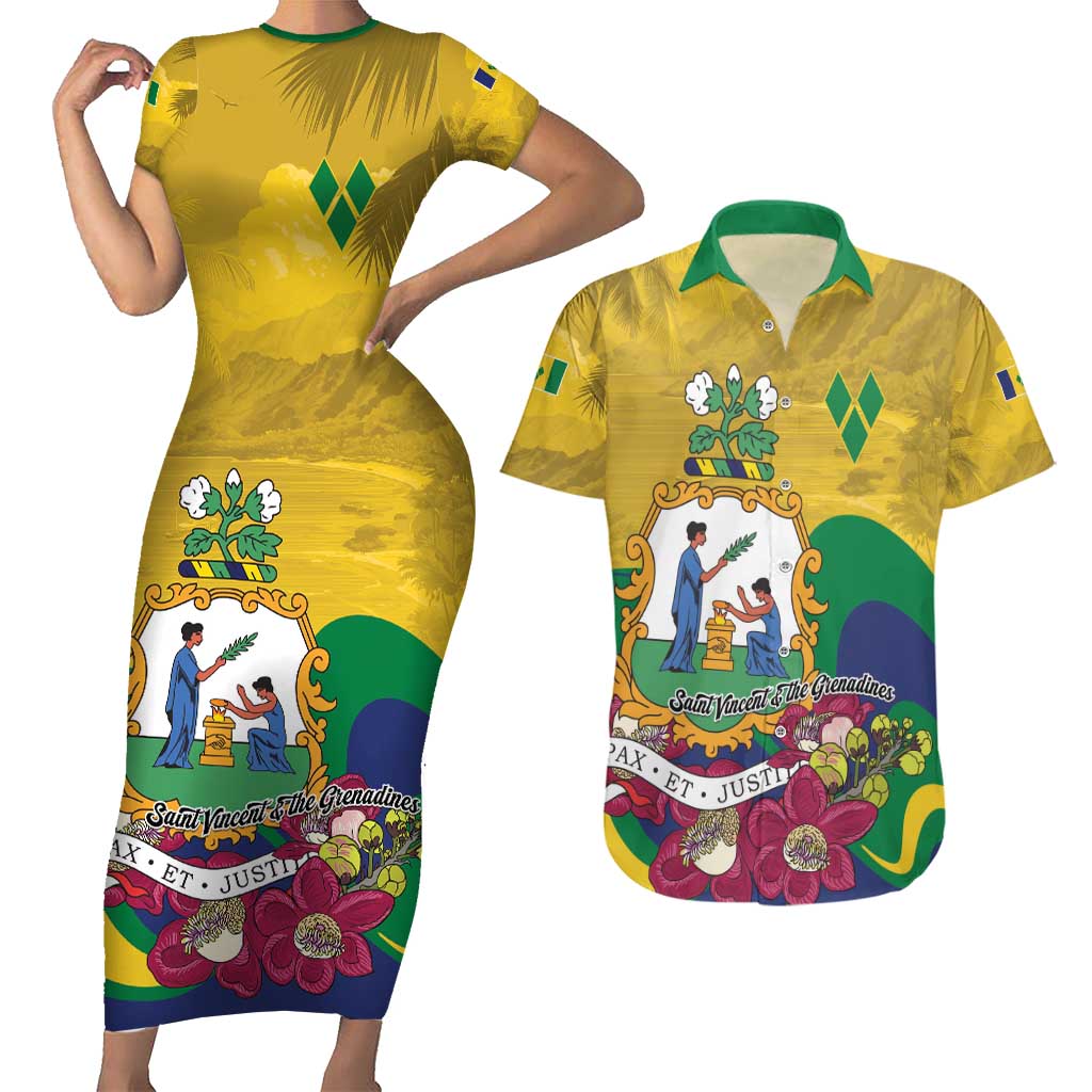 Personalized Saint Vincent and the Grenadines Couples Matching Short Sleeve Bodycon Dress and Hawaiian Shirt Cannonball Flower Tropical Style - Wonder Print Shop