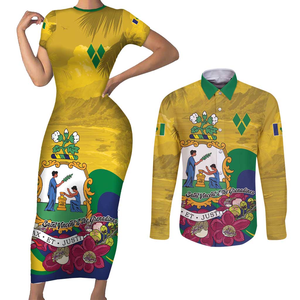 Personalized Saint Vincent and the Grenadines Couples Matching Short Sleeve Bodycon Dress and Long Sleeve Button Shirt Cannonball Flower Tropical Style - Wonder Print Shop