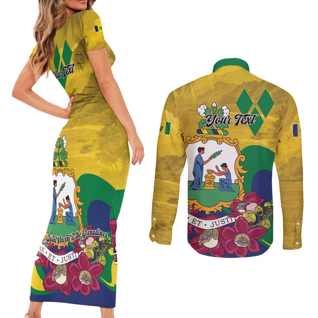 Personalized Saint Vincent and the Grenadines Couples Matching Short Sleeve Bodycon Dress and Long Sleeve Button Shirt Cannonball Flower Tropical Style - Wonder Print Shop