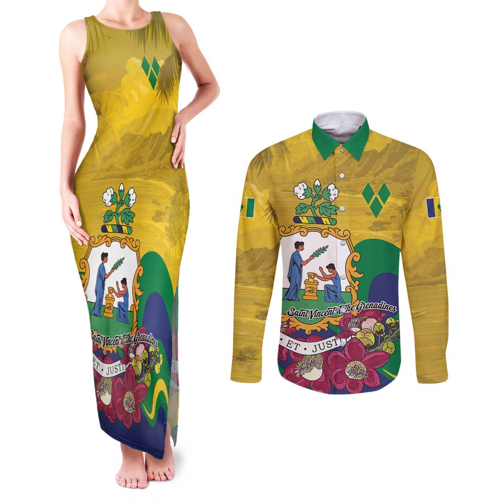 Personalized Saint Vincent and the Grenadines Couples Matching Tank Maxi Dress and Long Sleeve Button Shirt Cannonball Flower Tropical Style - Wonder Print Shop