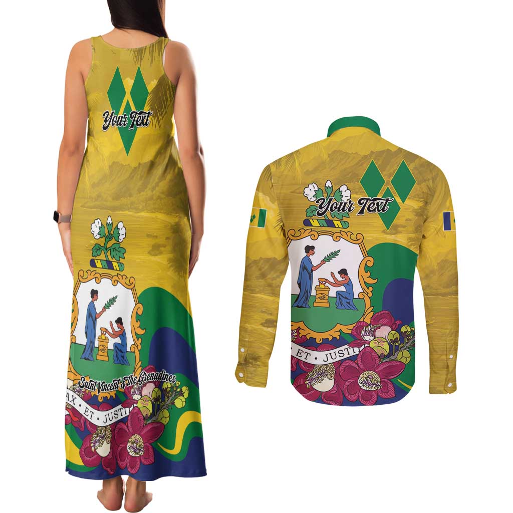 Personalized Saint Vincent and the Grenadines Couples Matching Tank Maxi Dress and Long Sleeve Button Shirt Cannonball Flower Tropical Style - Wonder Print Shop