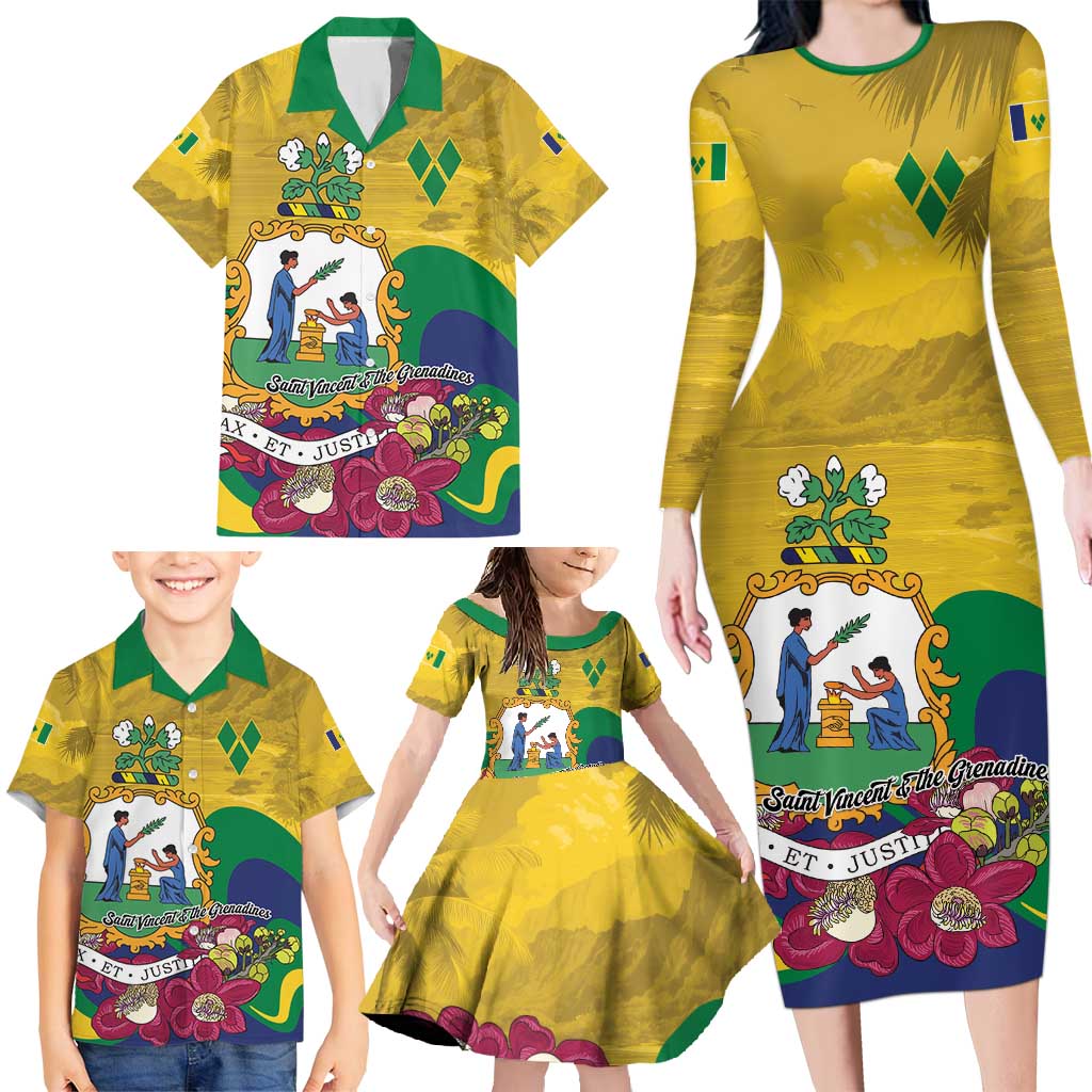 Personalized Saint Vincent and the Grenadines Family Matching Long Sleeve Bodycon Dress and Hawaiian Shirt Cannonball Flower Tropical Style - Wonder Print Shop