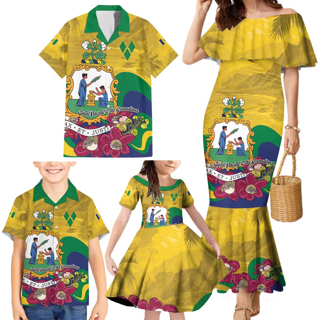Personalized Saint Vincent and the Grenadines Family Matching Mermaid Dress and Hawaiian Shirt Cannonball Flower Tropical Style - Wonder Print Shop