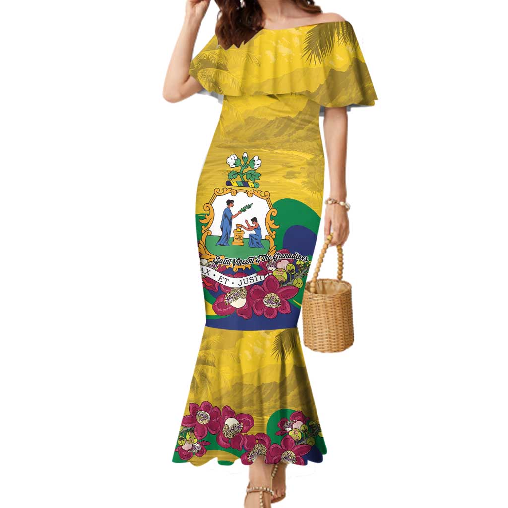 Personalized Saint Vincent and the Grenadines Family Matching Mermaid Dress and Hawaiian Shirt Cannonball Flower Tropical Style - Wonder Print Shop