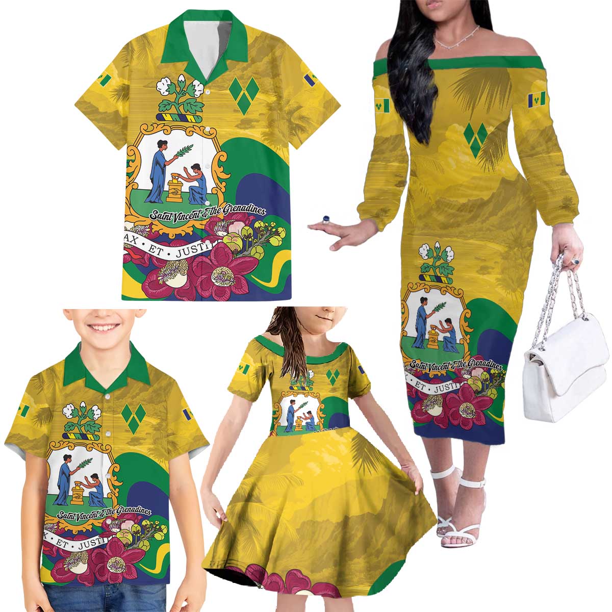 Personalized Saint Vincent and the Grenadines Family Matching Off The Shoulder Long Sleeve Dress and Hawaiian Shirt Cannonball Flower Tropical Style - Wonder Print Shop