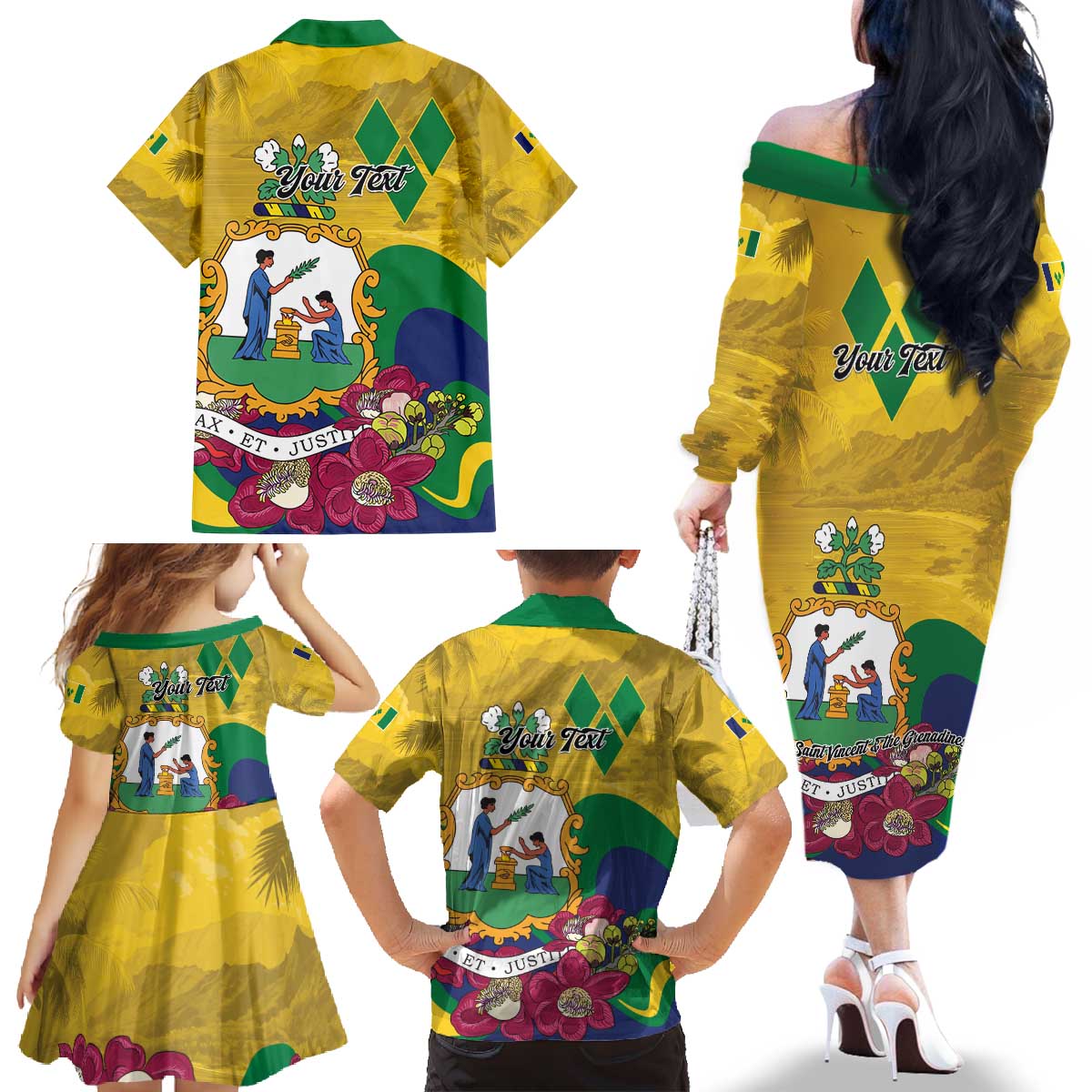 Personalized Saint Vincent and the Grenadines Family Matching Off The Shoulder Long Sleeve Dress and Hawaiian Shirt Cannonball Flower Tropical Style - Wonder Print Shop
