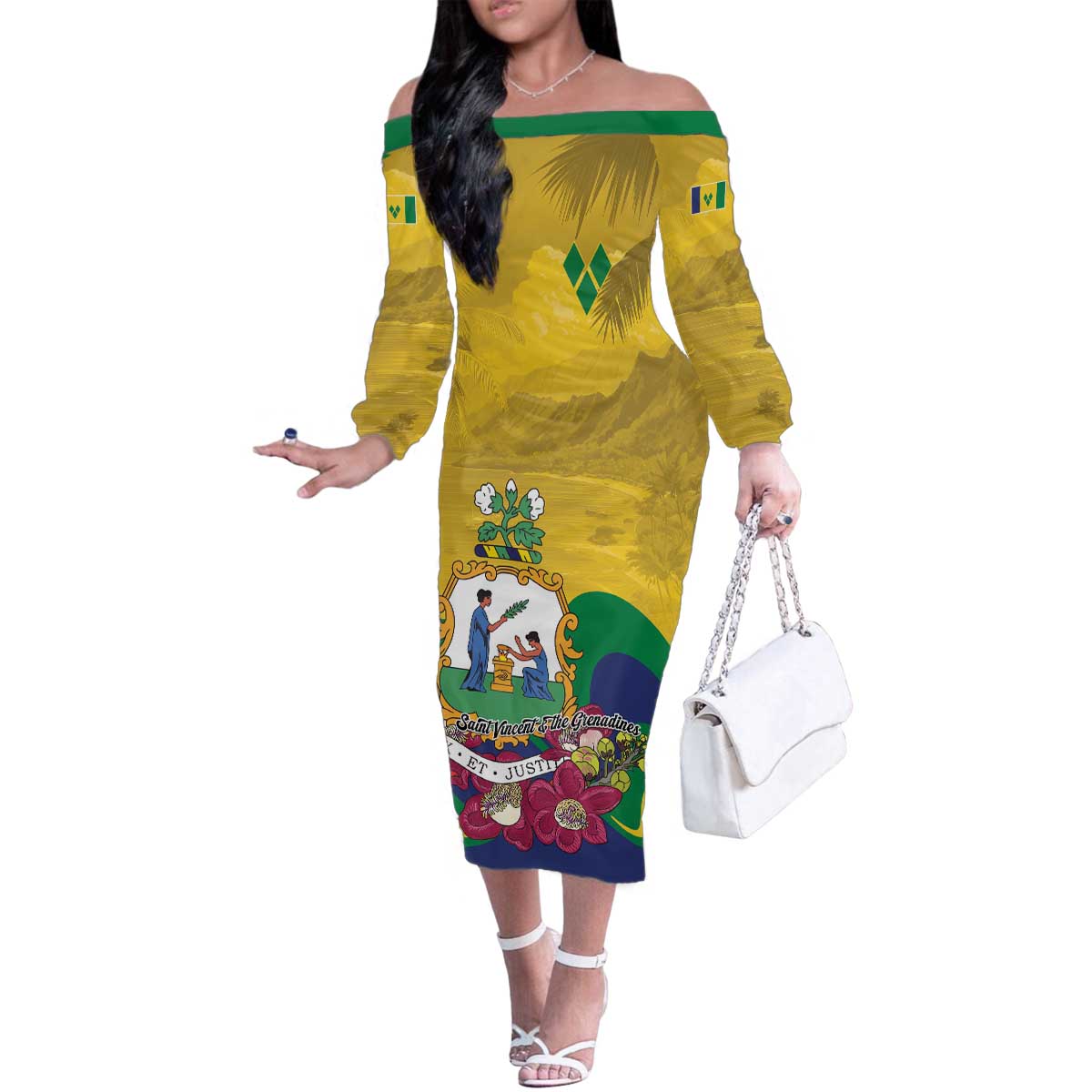 Personalized Saint Vincent and the Grenadines Family Matching Off The Shoulder Long Sleeve Dress and Hawaiian Shirt Cannonball Flower Tropical Style - Wonder Print Shop