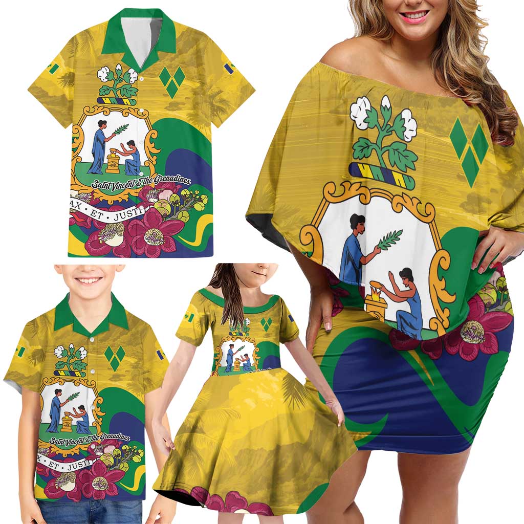 Personalized Saint Vincent and the Grenadines Family Matching Off Shoulder Short Dress and Hawaiian Shirt Cannonball Flower Tropical Style - Wonder Print Shop