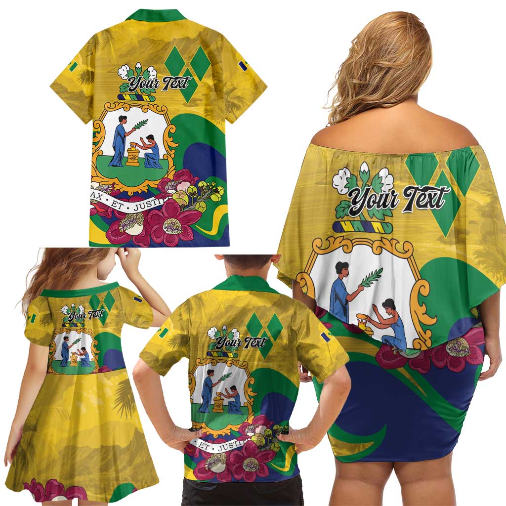 Personalized Saint Vincent and the Grenadines Family Matching Off Shoulder Short Dress and Hawaiian Shirt Cannonball Flower Tropical Style - Wonder Print Shop