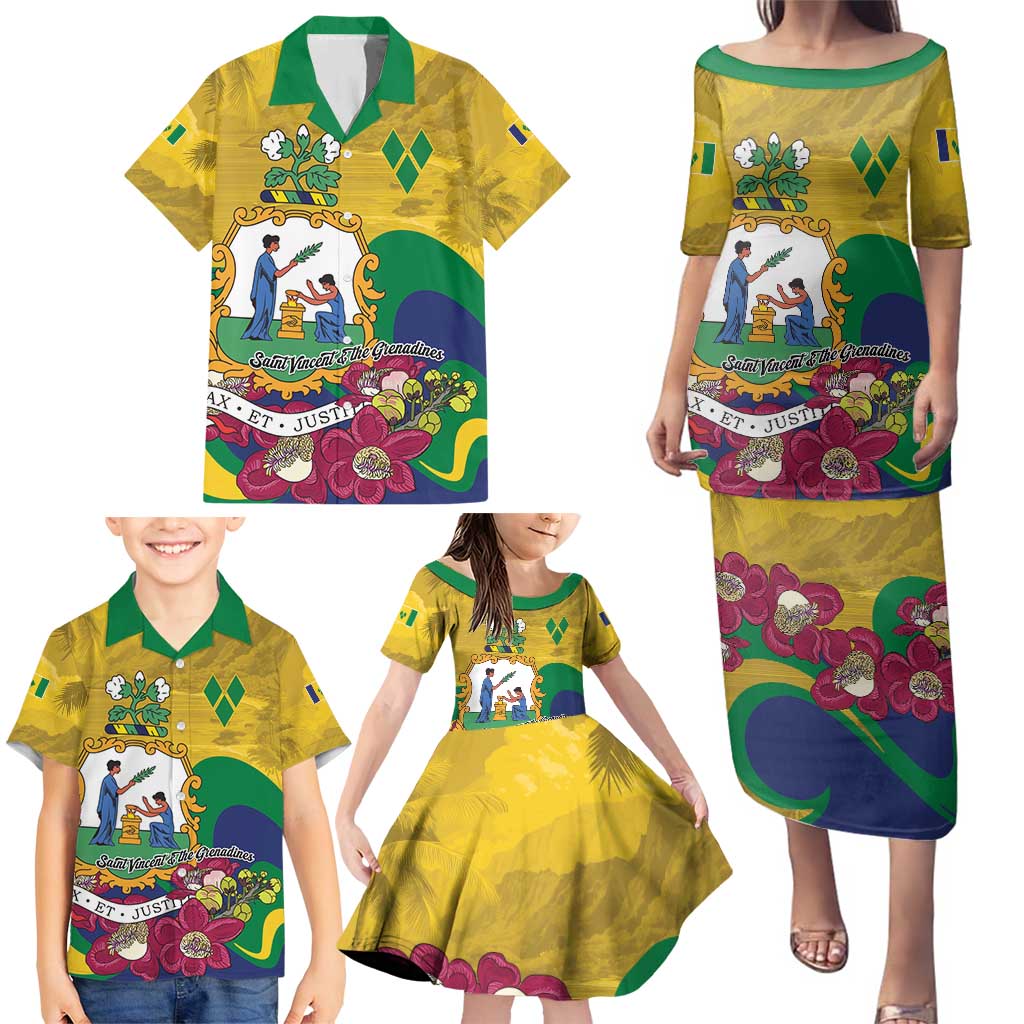 Personalized Saint Vincent and the Grenadines Family Matching Puletasi and Hawaiian Shirt Cannonball Flower Tropical Style - Wonder Print Shop