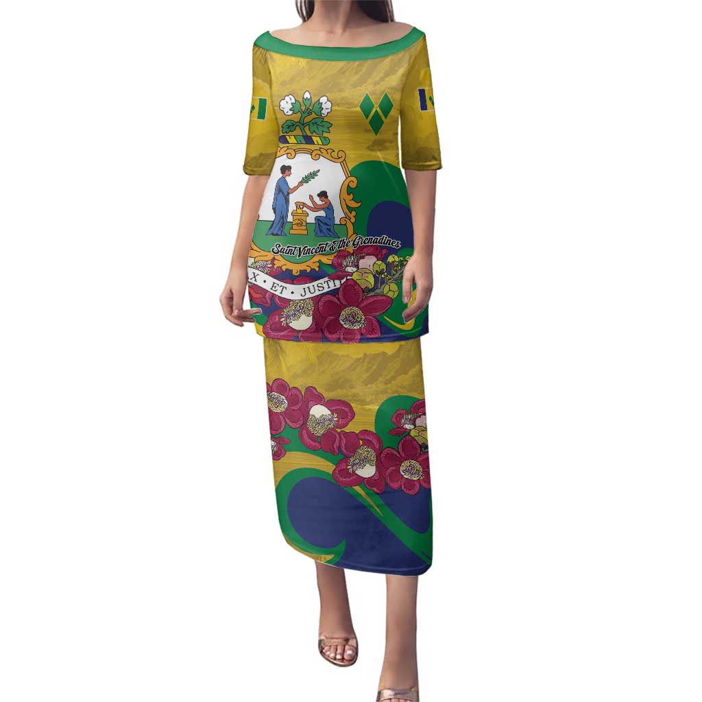 Personalized Saint Vincent and the Grenadines Family Matching Puletasi and Hawaiian Shirt Cannonball Flower Tropical Style - Wonder Print Shop