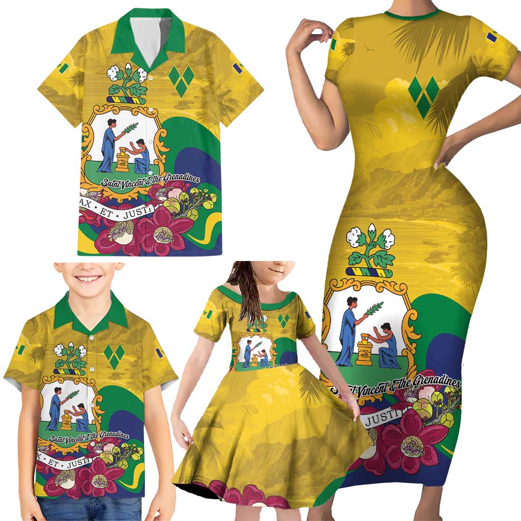 Personalized Saint Vincent and the Grenadines Family Matching Short Sleeve Bodycon Dress and Hawaiian Shirt Cannonball Flower Tropical Style - Wonder Print Shop