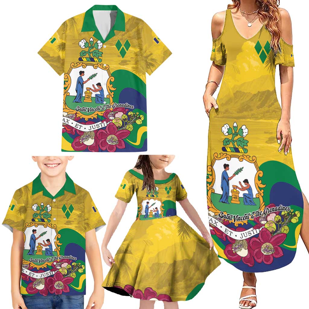 Personalized Saint Vincent and the Grenadines Family Matching Summer Maxi Dress and Hawaiian Shirt Cannonball Flower Tropical Style - Wonder Print Shop
