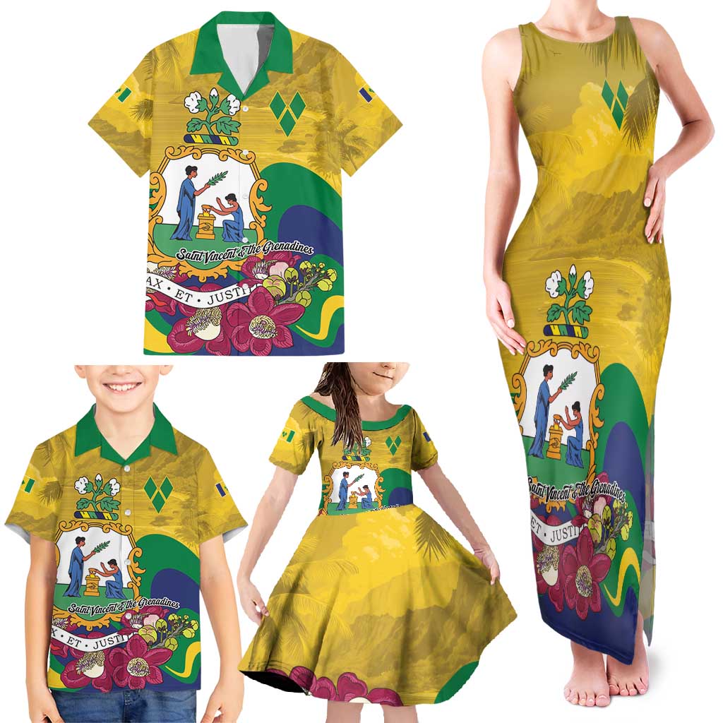 Personalized Saint Vincent and the Grenadines Family Matching Tank Maxi Dress and Hawaiian Shirt Cannonball Flower Tropical Style - Wonder Print Shop