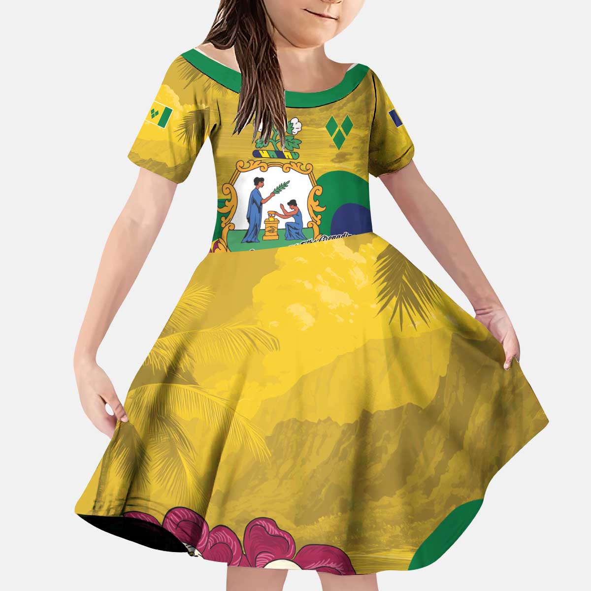 Personalized Saint Vincent and the Grenadines Kid Short Sleeve Dress Cannonball Flower Tropical Style - Wonder Print Shop