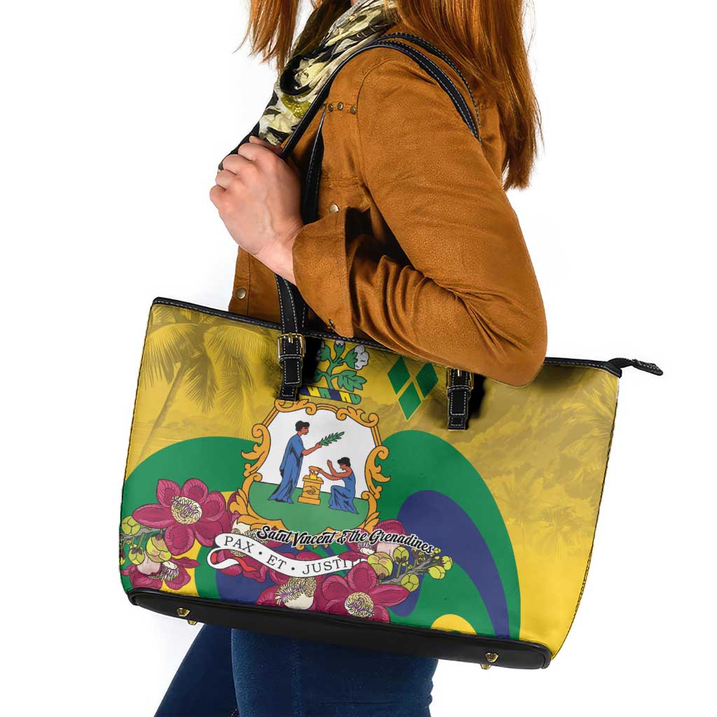 Saint Vincent and the Grenadines Leather Tote Bag Cannonball Flower Tropical Style - Wonder Print Shop