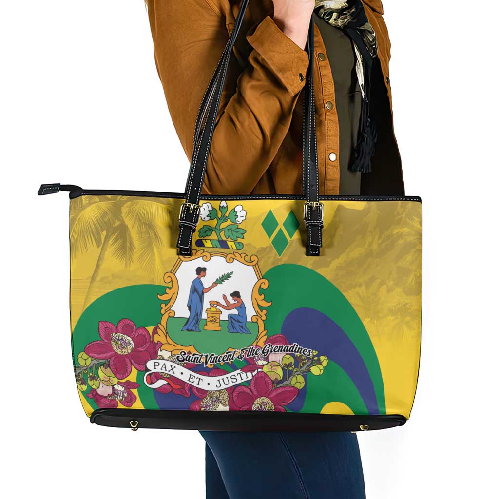 Saint Vincent and the Grenadines Leather Tote Bag Cannonball Flower Tropical Style - Wonder Print Shop